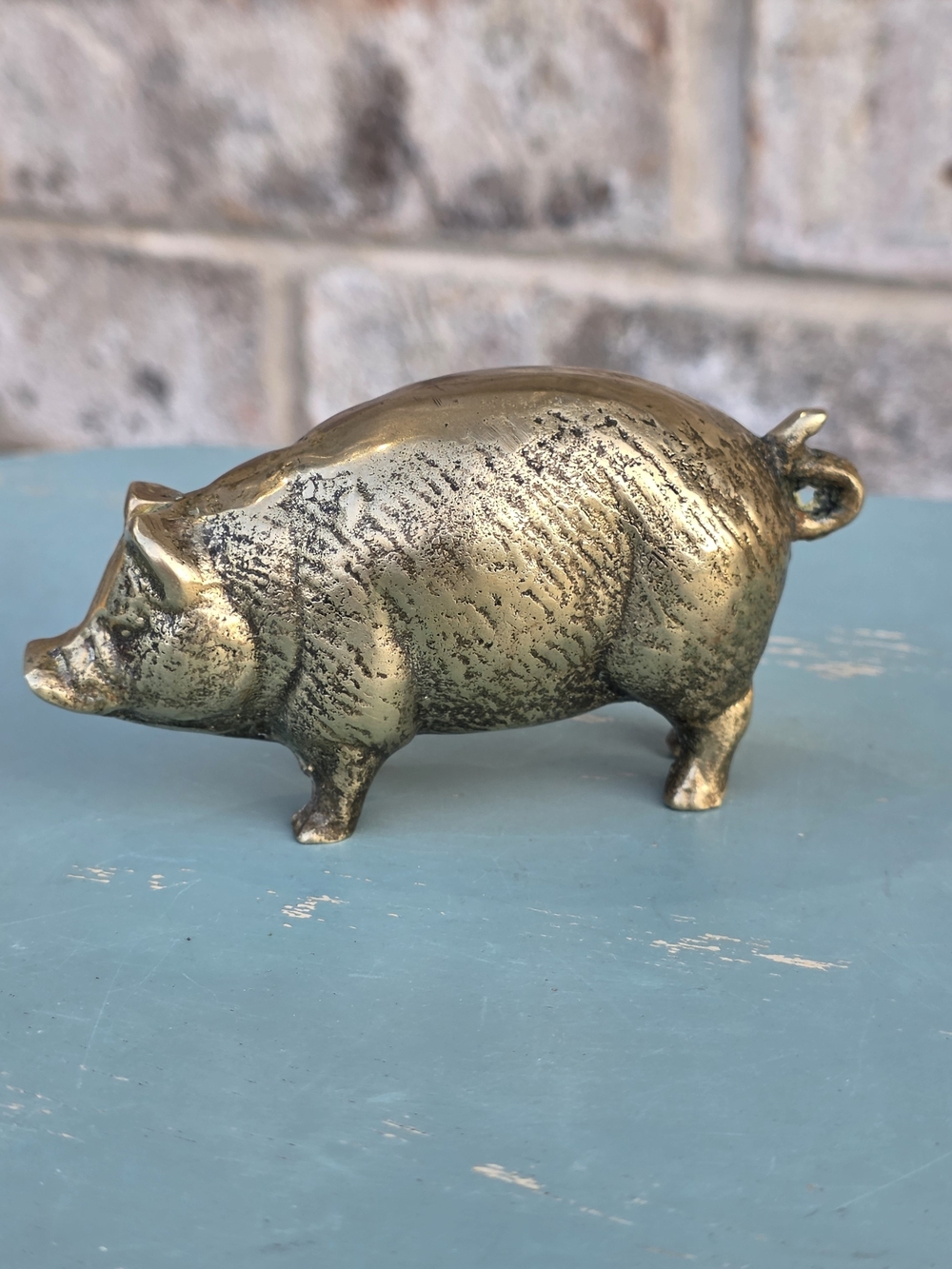 Vintage Solid Brass Pig Figurine Hog Paperweight MCM Patina